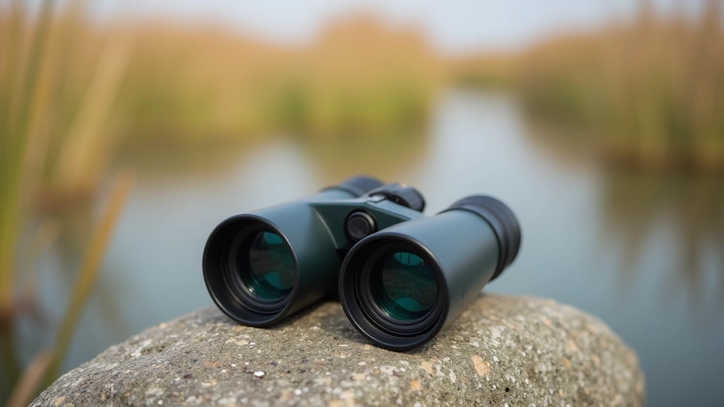 Professionele verrekijker op rots in vogelwaarnemingsgebied met uitzicht over water en riet