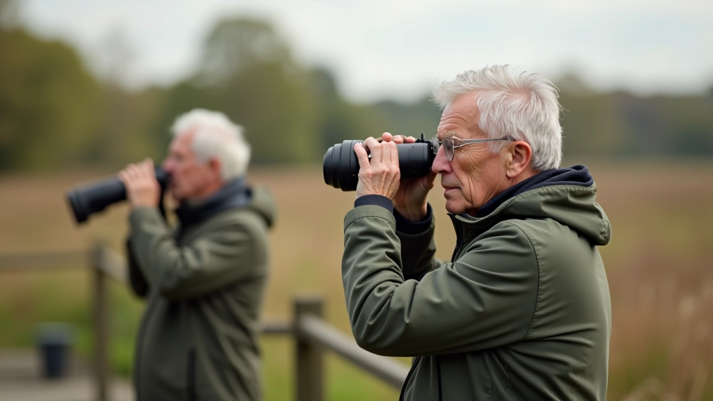 Vogelwaarnemers met verrekijkers bij een observatiepost in het natuurgebied
