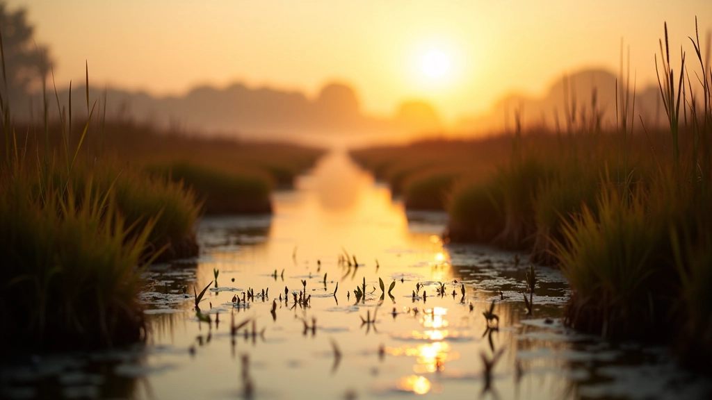 Moeraslandschap met waterplanten en rietkragen tijdens gouden uur met reflectie in water