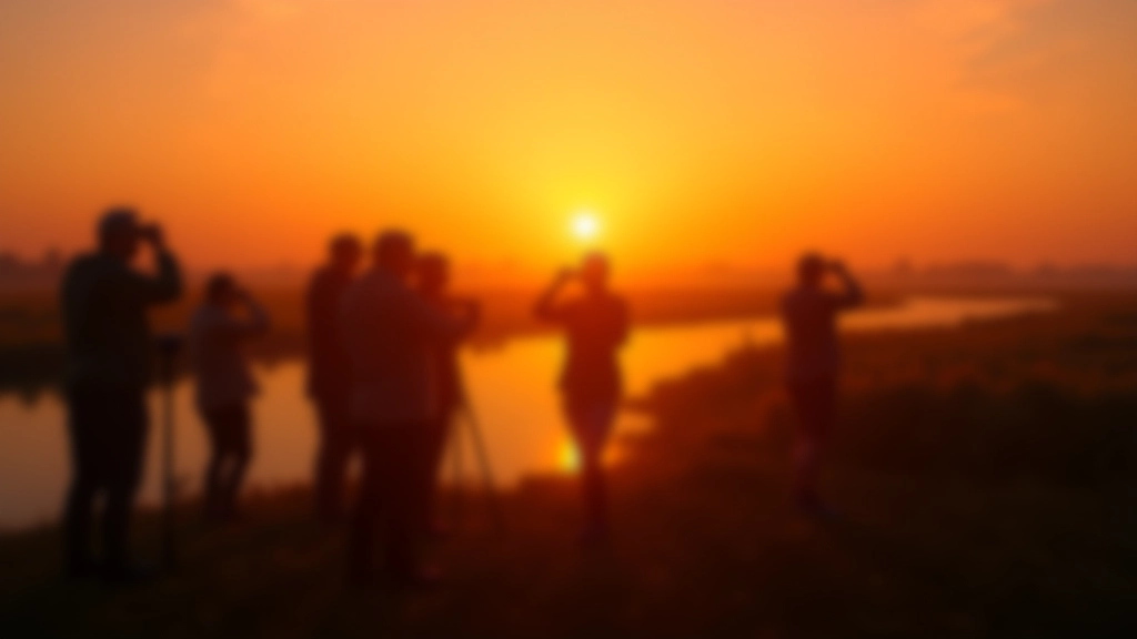 Zonsondergang over het Mechels Broek met silhouetten van vogelwaarnemers