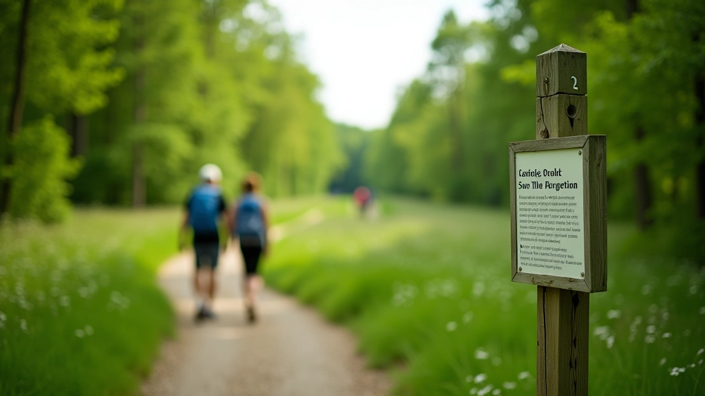 Wandelpad door natuurgebied met informatiebord en wandelaars in de verte