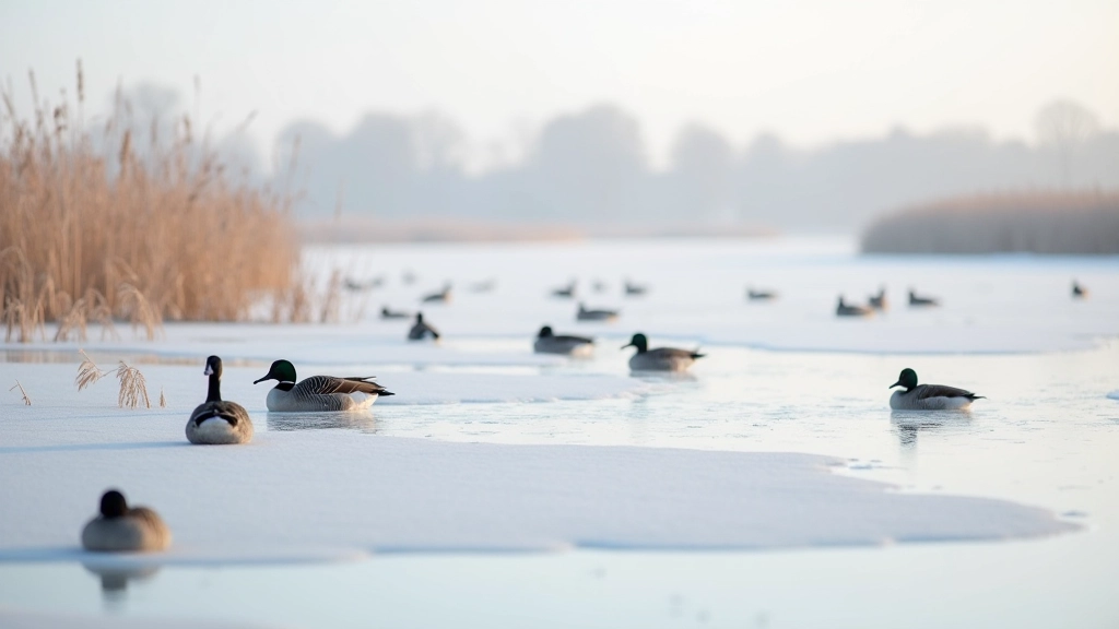 Bevroren moeras met overwinterende ganzen en eenden in het vroege licht